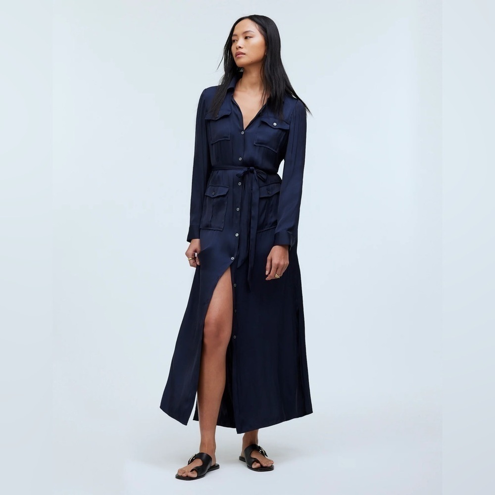 Madewell Button-Front Utility Shirtdress in Satin Deep Indigo XXS NWT